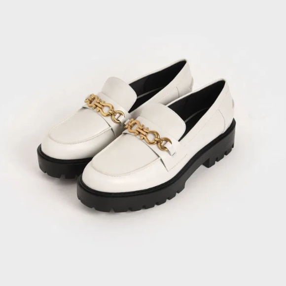 Charles and Keith White Platform Loafers 41 Brass Buckle Retro Y2K Chunky Fall - Picture 1 of 11